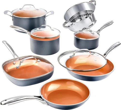 Vista 8 de GOTHAM STEEL - Juego de 12 piezas de utensilios de cocina de cerámica antiadherente, juego de ollas y sartenes antiadherentes con vaporera