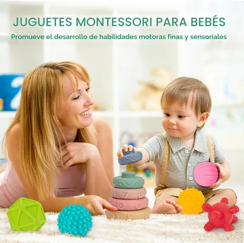 Vista 5 de SpringFlower Juguetes Montessori 3 en 1 para bebés de 0-3-6-12 meses, dentición suave para bebés, bloques de construcción apilables para bebés
