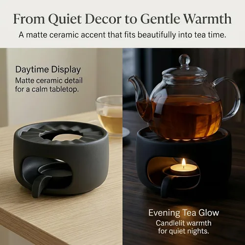 Vista 8 de Calentador de tetera de cerámica mate con cuchara de vela extraíble, base de calentador de té de bajo perfil para teteras de vidrio o cerámica Negro