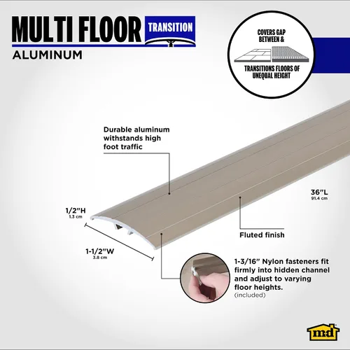 Vista 2 de M-D Building Products 43811 Transición de piso múltiple de aluminio de peltre de 1-1/2 pulgadas x 36 pulgadas