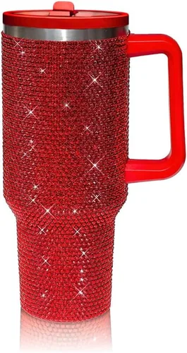 Vista 14 de Vaso de 40 onzas con tachuelas de strass con mango, popote y tapa, botella de agua de acero inoxidable aislada de doble capa para mujeres, taza
