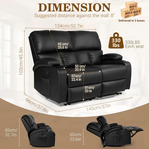 Vista 2 de CHABATREE Sofá reclinable con masaje y calor, asiento de cine en casa, sofá biplaza reclinable manual para caravana con soportes USB/tazas
