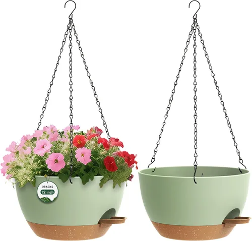 Vista 8 de Paquete de 2 12 macetas colgantes con cadenas, macetas de plástico de riego automático para plantas de interior y exterior, diseño de cadena