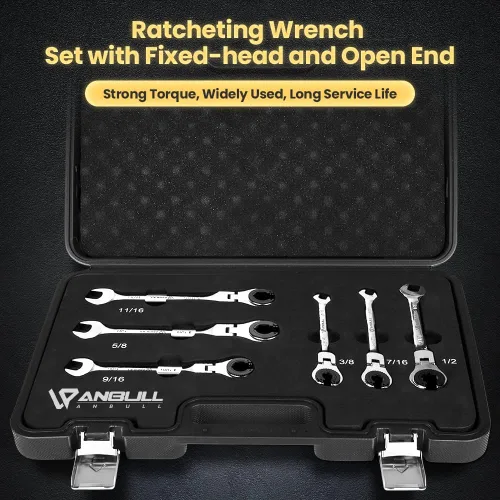 Vista 6 de Llave combinada de trinquete con cabezal flexible abierto, juego de 6 llaves de trinquete SAE con cabezal flexible de 180°, 72 engranajes de acero