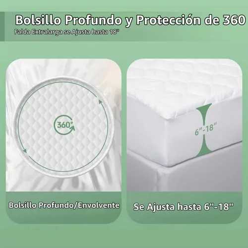 Vista 3 de Protector de colchón impermeable, funda de colchón, suave, transpirable, sin ruido, bolsillo profundo de 6 a 18 pulgadas, color blanco para el hogar
