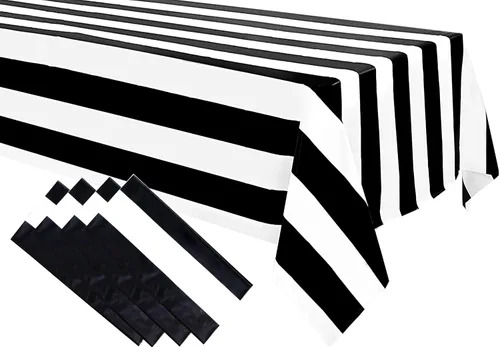 Vista 9 de 1 mantel a rayas blancas y negras de plástico impermeable de 54 x 108 pulgadas, fundas de mesa geométricas a rayas para comedor, campamento, picnic