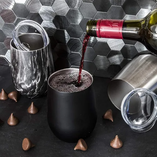 Vista 8 de Sipworks Vaso de vino de acero inoxidable: copa de vino sin tallo aislada al vacío de doble pared con tapa, 12 onzas, juego de 2, caoba/oro rosa