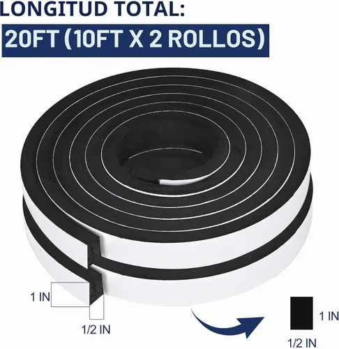 Vista 2 de 20 pies de cintas de espuma autoadhesivas Tiras de sello de espuma de 1 pulgada x 1/2 pulgada x 10 pies cada rollo Burletes de alta resistencia