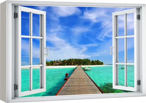Vista 27 de wall26 - Cuadro en lienzo para pared, vista de ventana, atardecer neón, cielo, palmera tropical, playa, naturaleza, desierto, fotografía, realismo