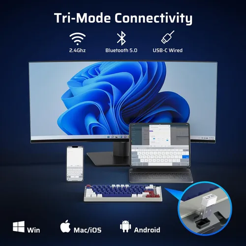 Vista 3 de LTC Nimbleback NB831 Teclado mecánico inalámbrico 75% de 3 modos BT5.02.4GhzUSB-C con cable intercambiable en caliente, teclado compacto RGB de 81