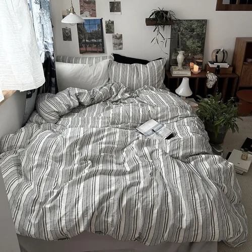 Vista 243 de mixinni Juego de funda de edredón vintage a rayas, tamaño twin, juego de ropa de cama de 3 piezas, 100% algodón lavado, suave y transpirable, funda