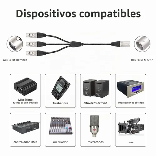 Vista 4 de Cable divisor en Y de 3 pines XLR macho a 3 hembras, divisor XLR de 3 vías, 1 macho a 3 hembras, micrófono de audio de tres entradas y una salida, 2