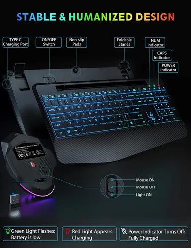 Vista 7 de Teclado y Mouse Inalámbricos con Retroiluminación, Reposamuñecas, Mouse LED, Teclado Ergonómico Recargable con Soporte para Teléfono, Combo