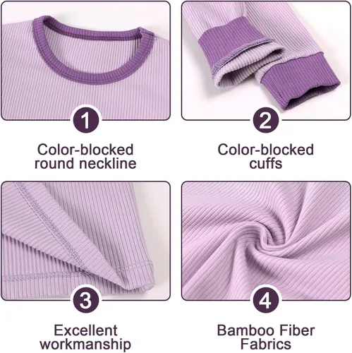 Vista 3 de OPAWO Pijama de bambú para niños pequeños, camiseta acanalada y pantalones de 2 piezas para niña, ropa de otoño para bebé, ropa de invierno de 1 a 7