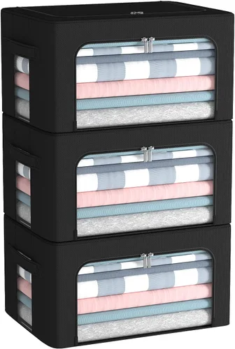 Vista 21 de Paquete de 3 cajas de almacenamiento con marco, bolsas de almacenamiento de ropa, tela Oxford, plegable, apilable, juego organizador con ventana