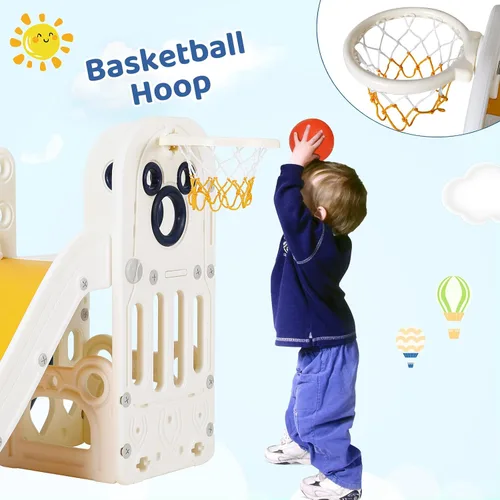 Vista 4 de Arlopu Juego de tobogán 6 en 1 para niños pequeños, tobogán resistente para niños con aro de baloncesto y telescopio, pasos antideslizantes, juego