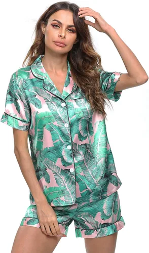Vista 3 de SWOMOG - Conjunto de pijama de satén de seda para mujer, de dos piezas, con botones, ropa para dormir o descansar