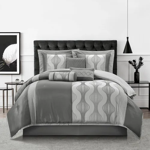 Vista 16 de Grand Avenue - Juego elegante de edredón negro y dorado, a rayas, 7 piezas de juego de cama de jacquard con edredón para todas las estaciones