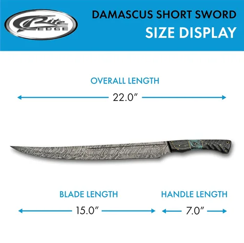 Vista 3 de SANZ Damascus Supplies - Espada corta de espiga completa con mango de resina de madera y turquesa, con funda de cuero, negro/turquesa/marrón, 22