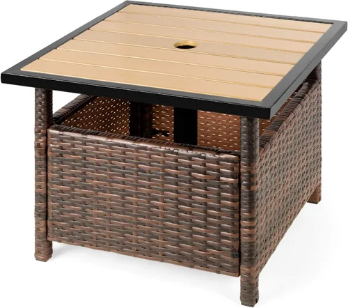 Vista 11 de Best Choice Products Mesa auxiliar de mimbre con agujero para paraguas, mesa auxiliar cuadrada de ratán de polietileno para patio, jardín, piscina