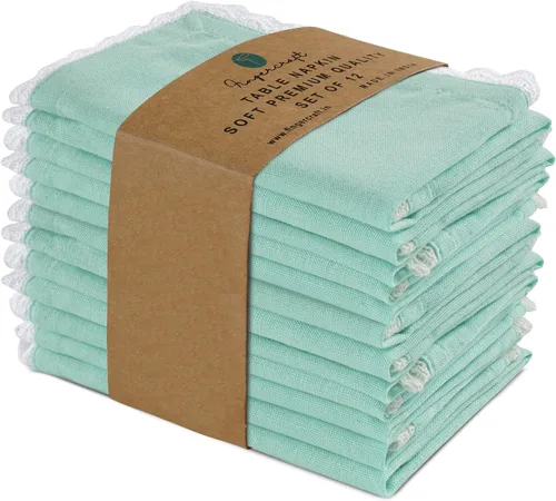 Vista 4 de FINGERCRAFT Servilletas de tela de lino y algodón de 12 unidades con esquinas ingletadas y elegante encaje para uso diario; las servilletas están