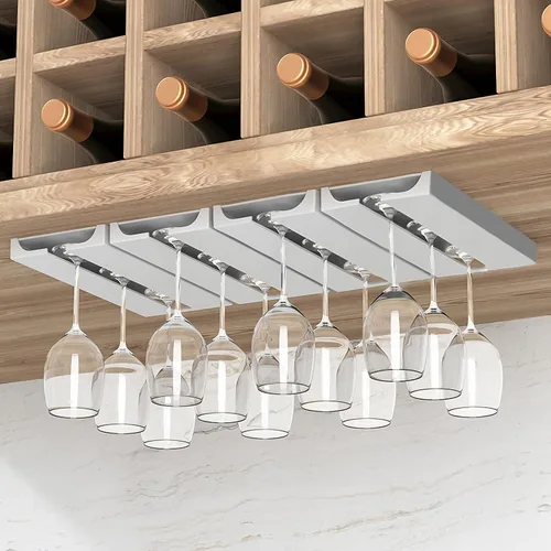 Vista 9 de Soporte para copas de vino, paquete de 2 soportes para copas de vino debajo del gabinete (negro) No-drilling Wine Glass Rack, Quick to Install