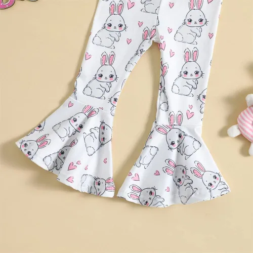 Vista 5 de GLIGLITTR Trajes de Pascua para bebés y niñas pequeñas, enterizo de conejo, floral, lindo overol de una pieza, pantalones acampanados