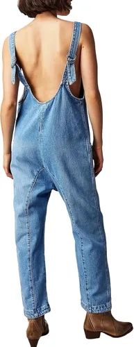 Vista 2 de PLNOTME Overol de mezclilla para mujer, sin mangas, cuello en V, tirantes ajustables, pantalones largos