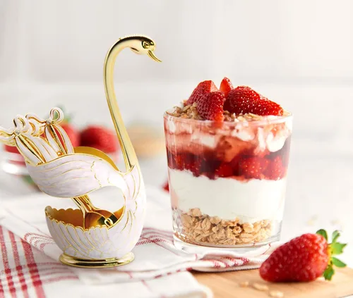 Vista 8 de Flylin Juego de cucharas de postre de café, soporte con base de cisne con 6 cucharas de helado, cucharaditas de café, postre y azúcar, cubiertos