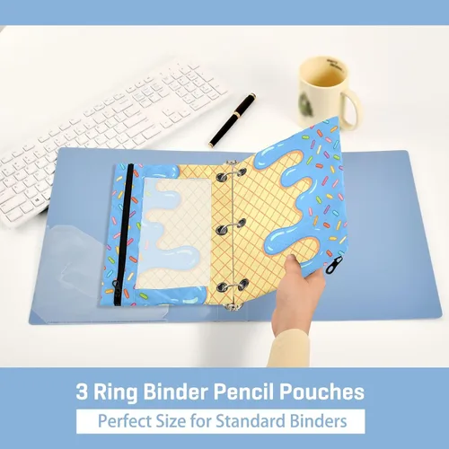 Vista 4 de Estuche para lápices de helado azul para 3 bolsillos para carpetas de anillos, bolsa transparente para lápices con cremallera suave, estuche rojo
