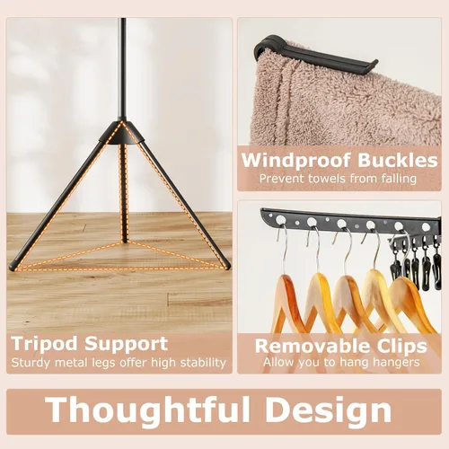 Vista 4 de GIANTEX - Trípode de secado de ropa de 70 pulgadas con 24 clips y 32 varillas, giratorio en 360° 3-Tier Freestanding Folding Laundry Drying Rack