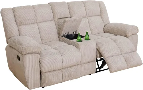 Vista 15 de Juego de sofá reclinable manual de pana extragrande para sala de estar, juego de sofá de pana con mesa desplegable y portavasos para Beige