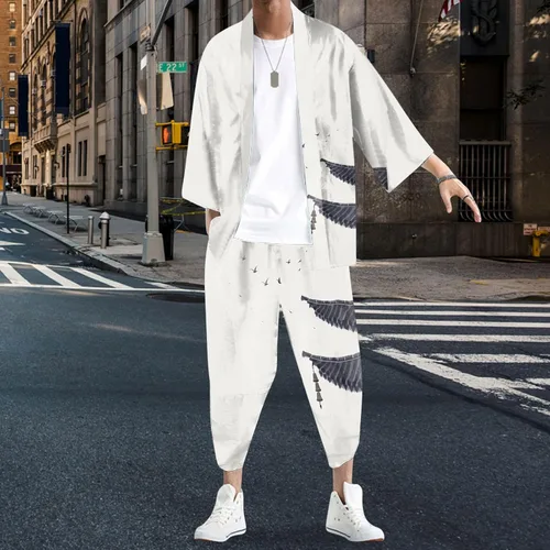 Vista 4 de Traje Tang para hombre, manga corta, traje de manga corta y camiseta suelta, traje casual de dos piezas, traje de natación para hombre