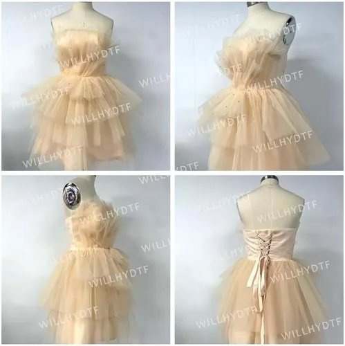 Vista 3 de Vestidos de fiesta sin tirantes para adolescentes con niveles de tul hinchado corto vestido de fiesta con volantes