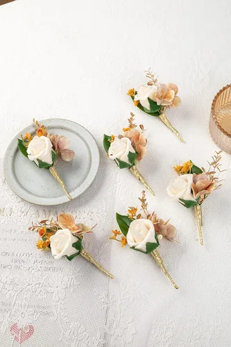 Vista 3 de 10 unids/lote de espuma artificial PE flores boda novio hermano padre boutonnieres hombres ojales ramillete boda flor fiesta decoración