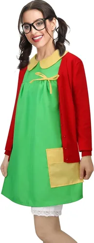 Vista 7 de Women Costume Green Dress Red Knit Cardigan Shorts Glasses Full Set Halloween Cosplay Outfit