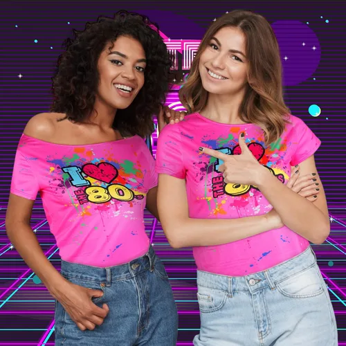 Vista 5 de Geyoga Traje de los años 80 para mujer, talla grande, disfraz de los años 80, con hombros descubiertos, camiseta de neón de gran tamaño, Rosa Rojo