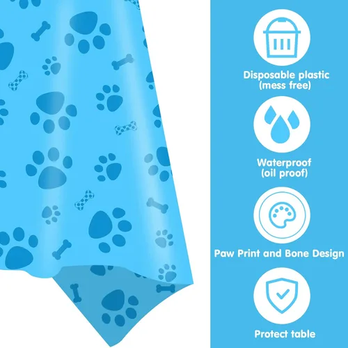 Vista 3 de DUAIAI Mantel con estampado de patas, 1 paquete de plástico de tamaño grande de 54 x 108 pulgadas, mantel con estampado de pata de perro y letrero