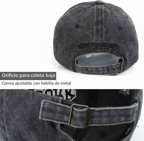 Vista 4 de Gorra de béisbol New-York con diseño desgastado, ajustable con tiras, lavada, de sarga, gorra de papá unisex Eohak Negro