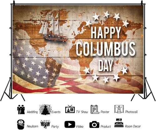 Vista 2 de Leyiyi Telón de fondo para fotografía del Día de Colón, 5 x 3 pies, diseño vintage con mapa náutico, bandera de Estados Unidos, grunge, velero