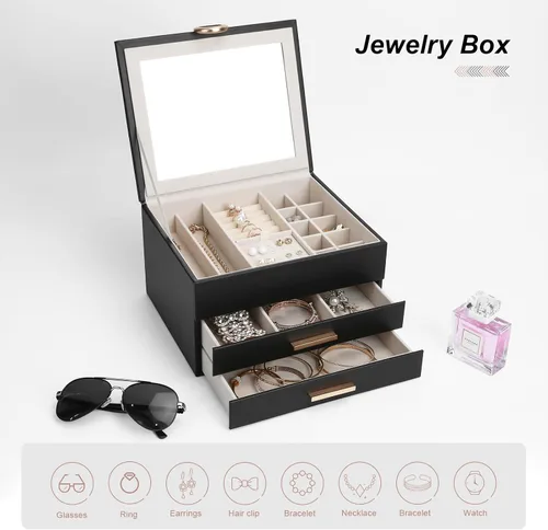 Vista 21 de Elegant Gift Jewelry Box with Mirror - 3-Layer Organizer for Earrings, Rings, Necklaces, Ready to Give for Birthday Anniversary Christmas Apricot