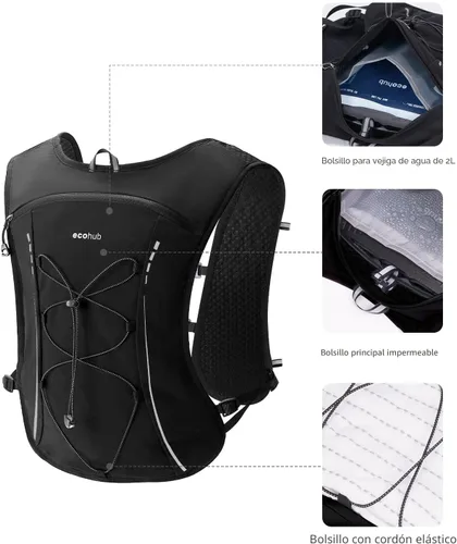 Vista 3 de ECOHUB Chaleco de Hidratación para Correr, Mochila Ligera y Transpirable con Bolsa de Agua de 2L Mochila de Día para Senderismo, Trail Running