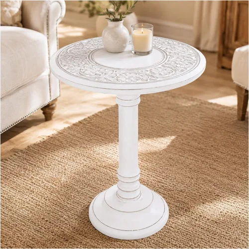Vista 14 de Mesa auxiliar de madera de mango tallada a mano – Mesa auxiliar redonda de pedestal de 18 x 22 pulgadas para sala de estar, mesita de noche