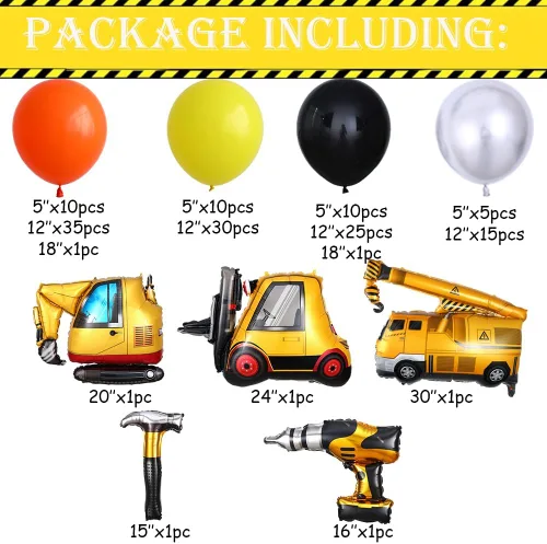 Vista 2 de Suministros para fiestas de cumpleaños de construcción, 147 piezas, kit de guirnalda de arco de globos de construcción, color naranja y negro