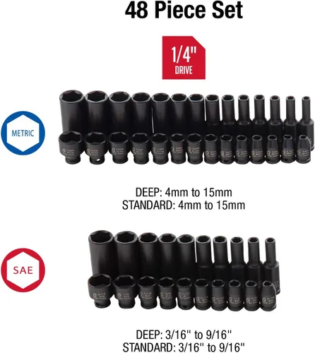 Vista 2 de Sunex Tools 1848, juego de llaves de impacto Master Drive de 1/4 pulgada, 48 piezas, SAE/métrico, 3/16 - 9/16 pulgadas, 4 mm - 15 mm