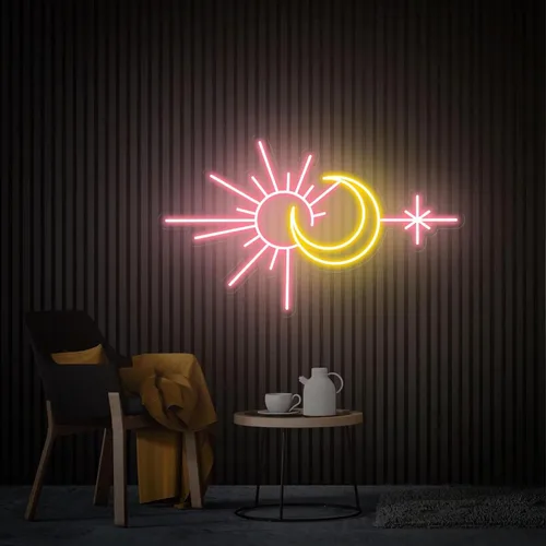 Vista 4 de Letrero de neón personalizado de sol y luna para decoración de pared, decoración personalizada de neón para dormitorio, sala de estar, meditación