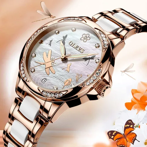 Vista 4 de OLEVS Relojes de oro rosa para mujer correa de acero inoxidable de cerámica reloj mecánico automático calendario de puntero luminoso impermeable