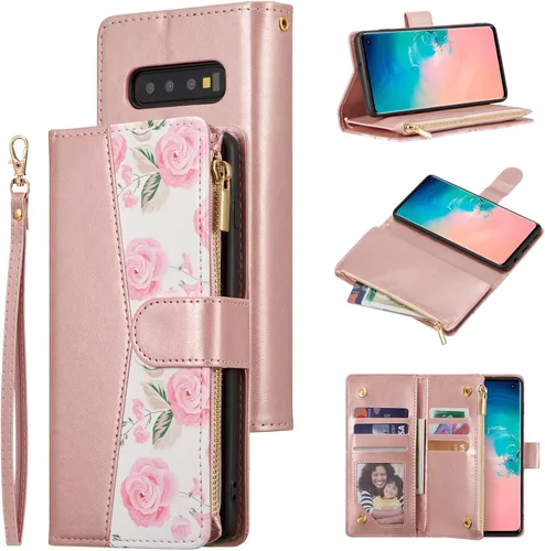 Vista 13 de UEEBAI Funda tipo cartera para Samsung Galaxy S10 Plus, Cartera de piel sintética con cierre magnético, funda de bolsillo con cremallera, ranuras