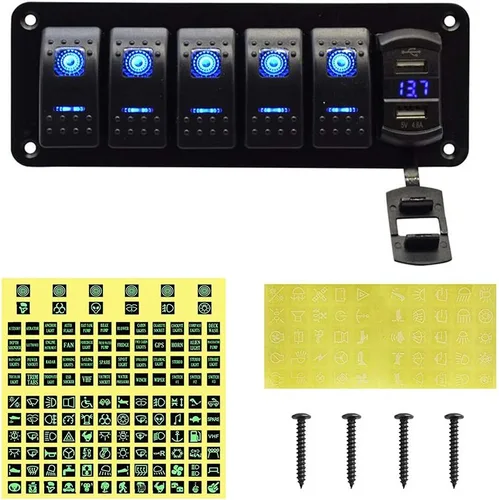 Vista 6 de Panel de 5 interruptores basculantes de aluminio EAYBOMC con cargador rápido de 4.8 amperios estilo basculante USB dual con voltímetro LED