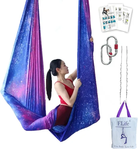 Vista 14 de F.Life Kit de hamaca de yoga aéreo, columpio de yoga, multicolor, 5 yardas, yoga volador, incluye cadena de margarita, mosquetón y guía de postura